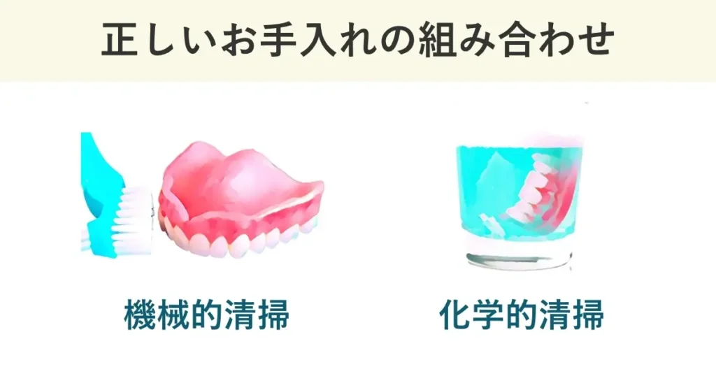 毎日の部分入れ歯のお手入れは、機械的清掃と化学的清掃を組み合わせます。