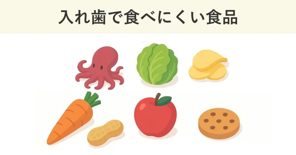 入れ歯で食べられないものには、タコ、キャベツなどの葉物野菜、ポテトチップス、にんじん、ナッツ類、リンゴ、クッキーなどがある。