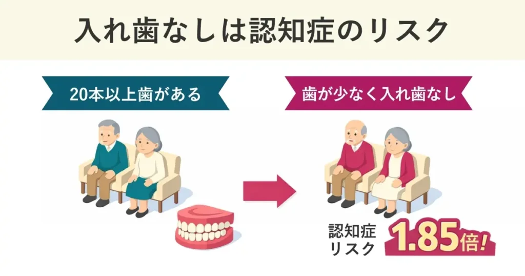 歯が少ないのに入れ歯を使用していなければ、認知症の発症リスクは1.85倍高くなる。
