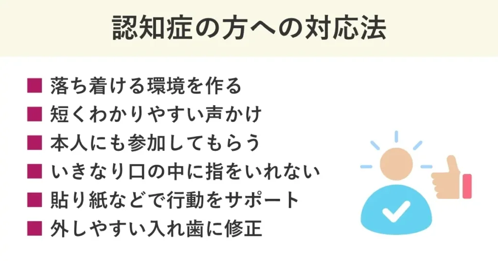 入れ歯を外さない認知症の方への対応としては、落ち着ける環境を作る、短くわかりやすい声かけ、本人にも参加してもらう、いきなり口の中に指をいれない、貼り紙などで行動をサポート、外しやすい入れ歯に修正するなどがある。